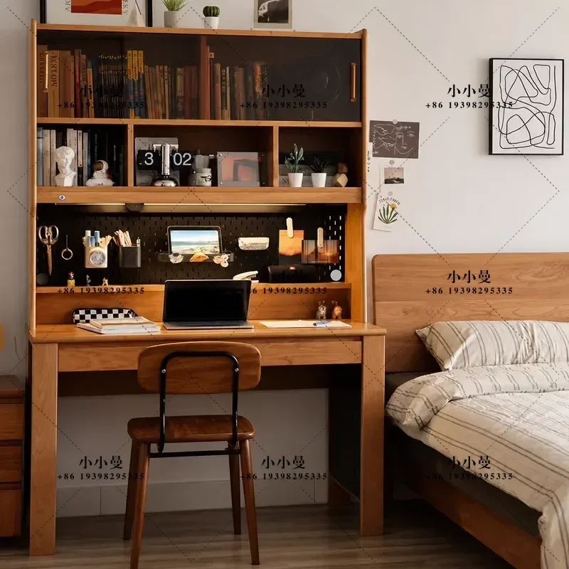 North American Cherry Wood Study Desk with Integrated Bookcase Nordic Simple Black Walnut Solid Wood Bookshelf for Home