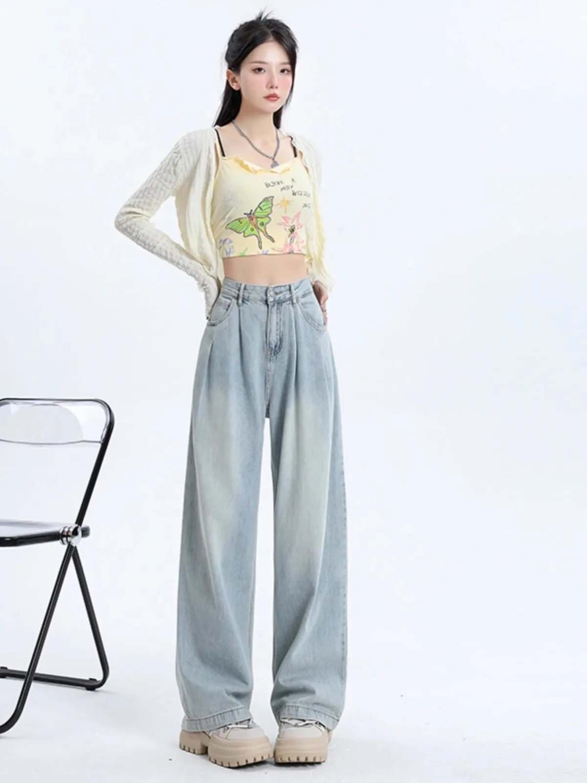 Dżinsy damskie z wysokim stanem, proste nogawki, wiosenno-jesienne, cienkie, szerokie nogawki do ziemi, codzienne, wygodne, luźny krój, denim