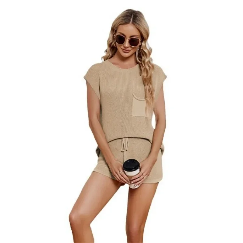 2024 Spring/Summer European and American Women's Loose Casual Set with Pockets Solid Color Women's Knitwear SFC21-3
