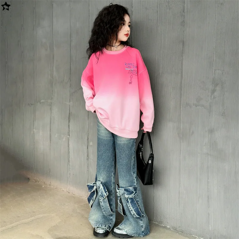 autunno-school-girl-outfit-junior-girls-stampato-sfumatura-di-colore-felpa-bambini-ragazze-bowknot-bootcut-jean-kids-girls-2-pezzi-set