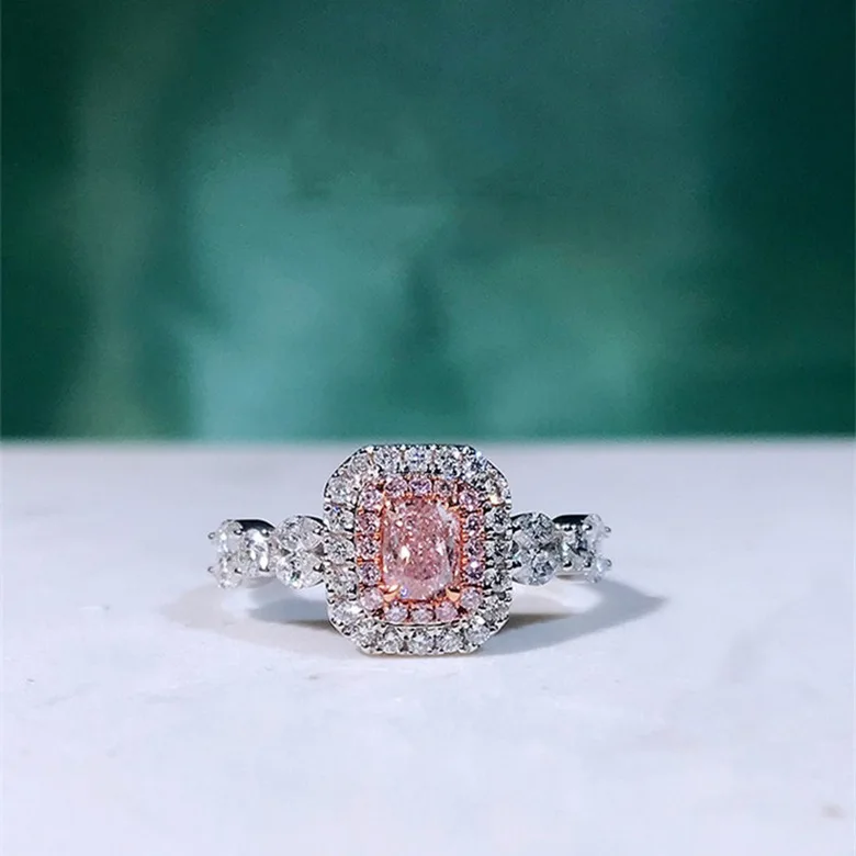 S925 sterling silver ring, colored diamond pink diamond color separation ring, princess square set engagement ring for women
