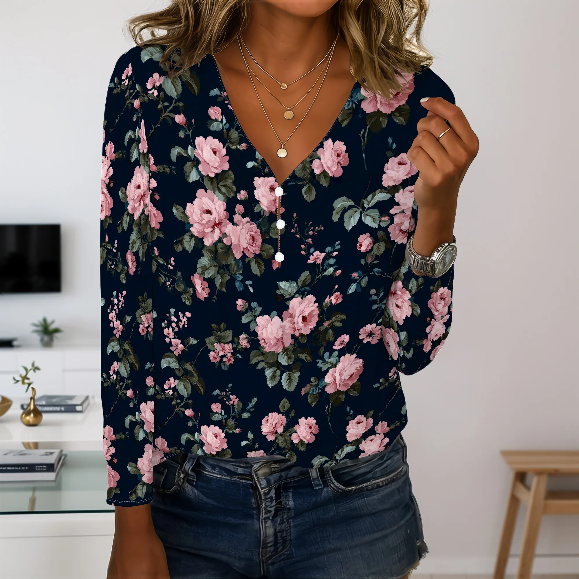 여성용 헐렁한 코튼 블렌드 v 넥 긴 소매 블라우스 여성용 Boho 빈티지 꽃 프린트 캐주얼 버튼 튜닉 탑
