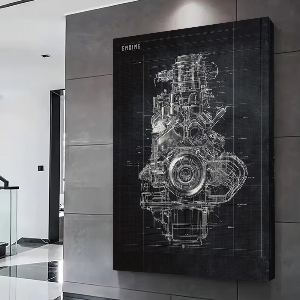 Engine Blueprint Art Poster Customizable Printed Canvas Painting Wall Art Gift for Home Decor Room Decorating Interior Wand Deko