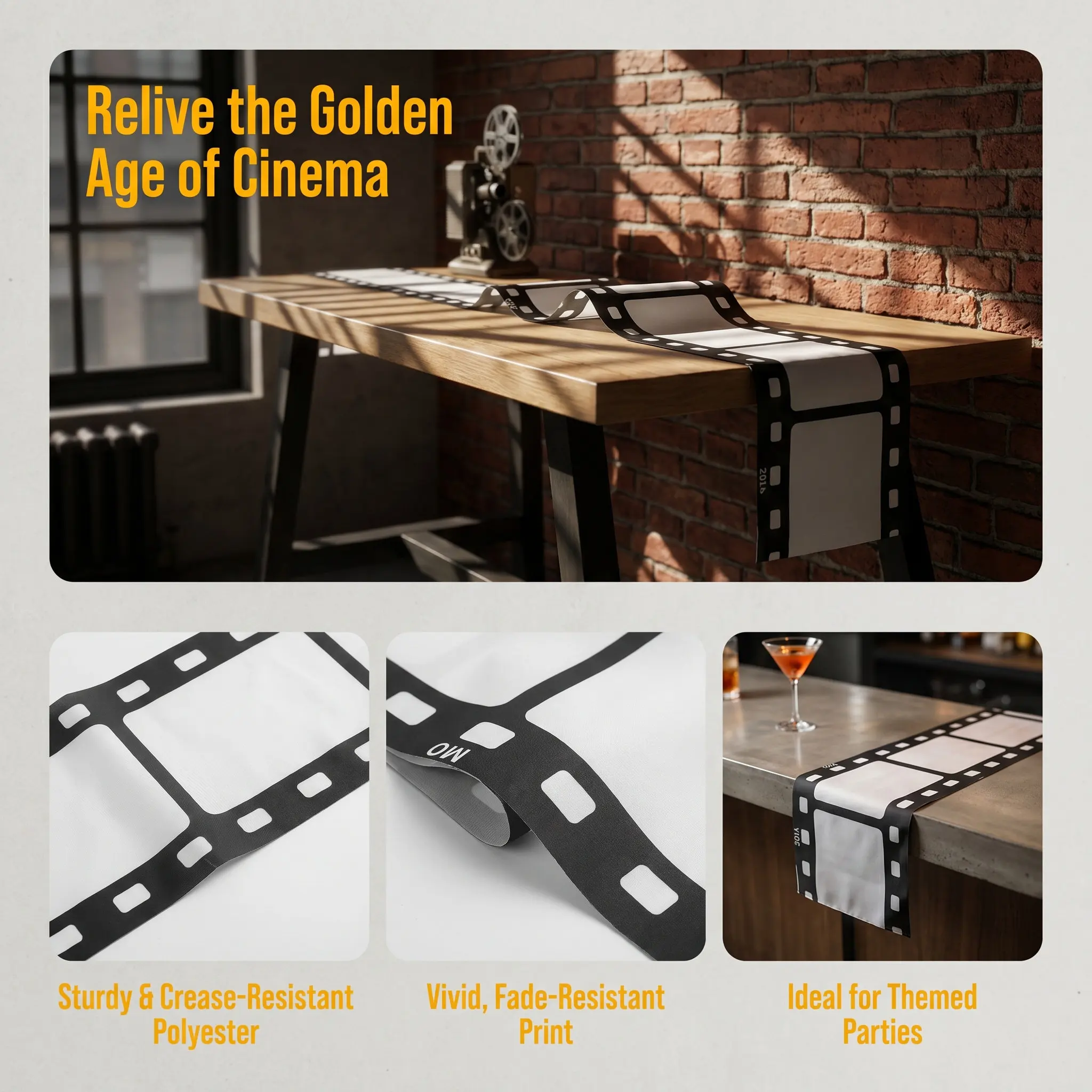 Film Strip Table Runner 12 x 90 Inch Retro Movie Night Polyester Tablecloth Party Decoration