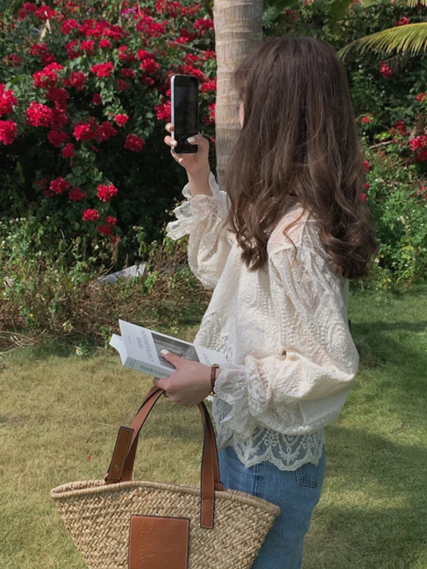 Elegancka długa bluzka z koronki dla kobiet, uniwersalna, przeciwstarzeniowa, markowa, luksusowa, nowość na jesień, do pracy.