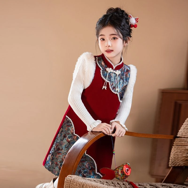فستان بناتي شتوي جديد لعام 2025 من Hanfu Qipao فستان سترة حمراء + طقم سترة ملابس السنة الصينية الجديدة للأطفال فستان حفلات الزفاف المسائية