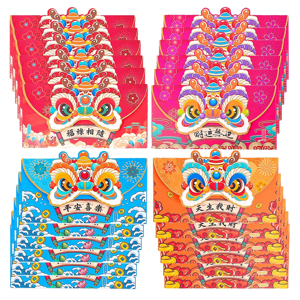4Pcs buste rosse New Dragon Year busta rossa Creative Lion Dance Pattern Chinese Spring Festival Wedding Lucky Money Bags