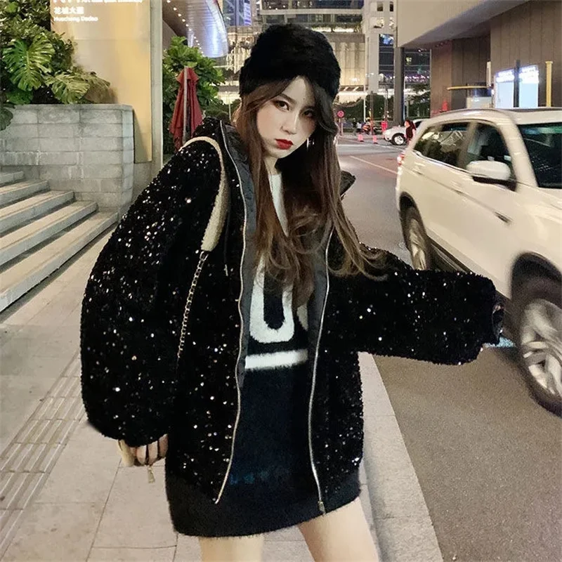 Sparkling Sequin Starry Sky Hooded Coat for Women Spring 2023 New Korean Version Loose Short Thickened Cotton Coat Tide Commuter