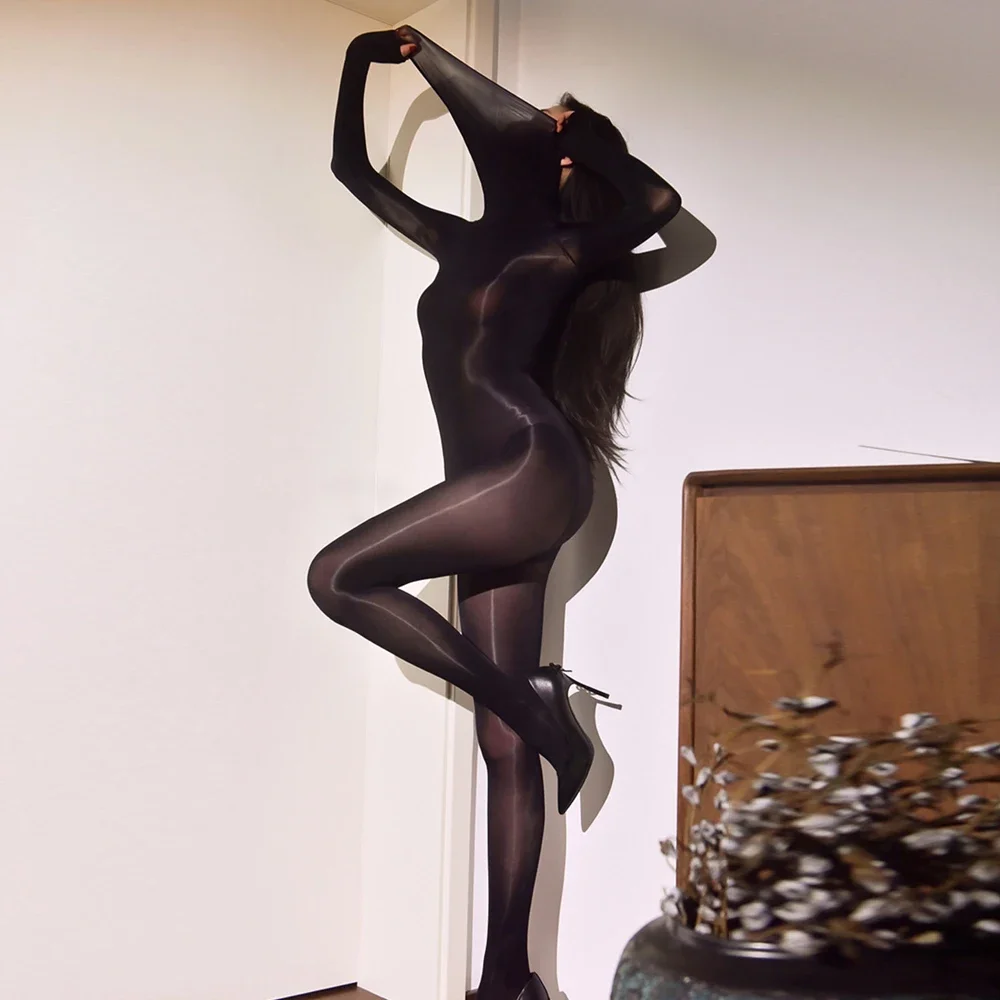 섹시한 여성 하이 칼라 커버 마스크 바디 슈트 오일 광택 반짝 이는 원활한 섹시한 스타킹 탄성 요가 Romper 코스프레 메이드 레오타드