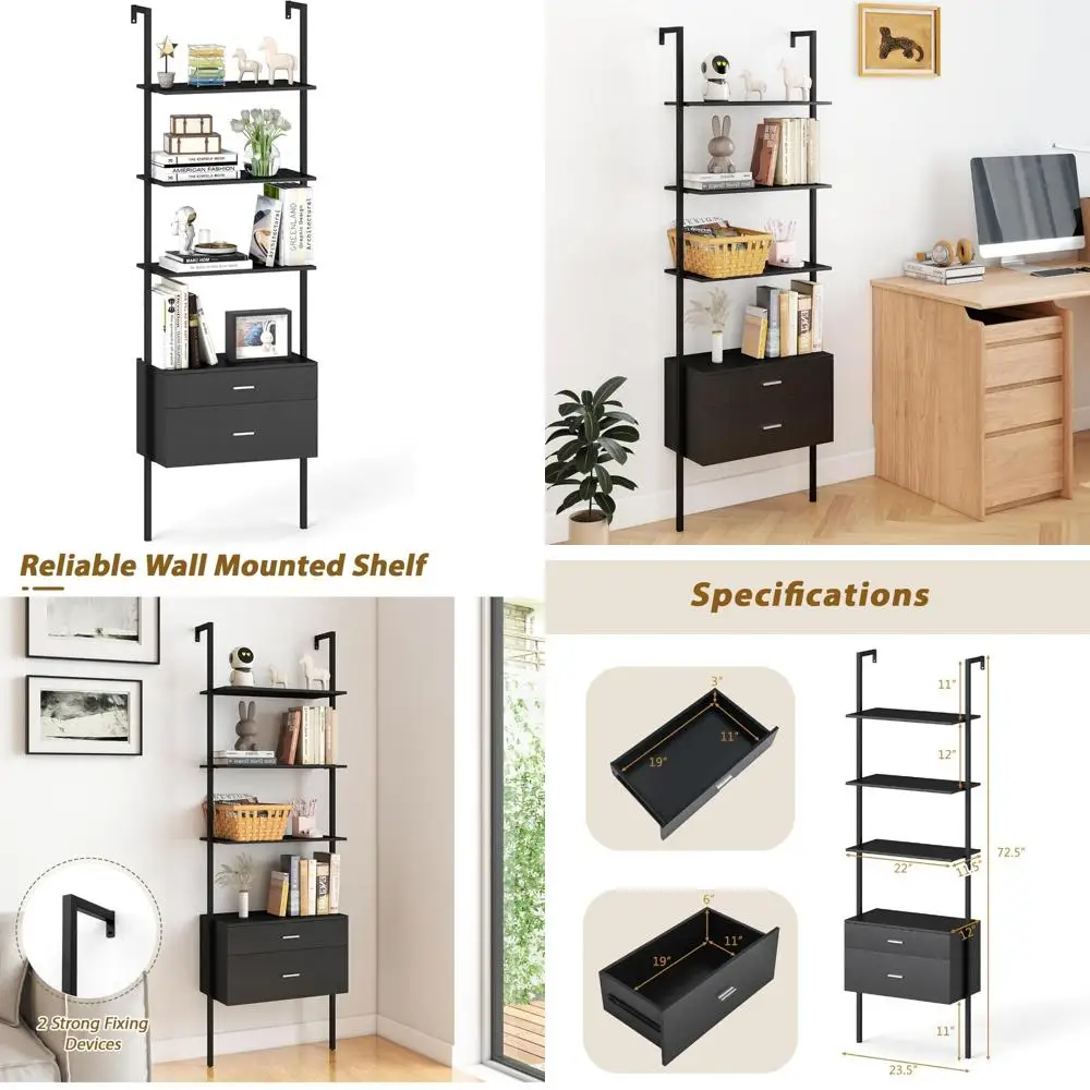 

Modern Wall-Mounted Storage Bookcase with 4 Shelves and 2 Drawers, Ideal for Book and Plant Display