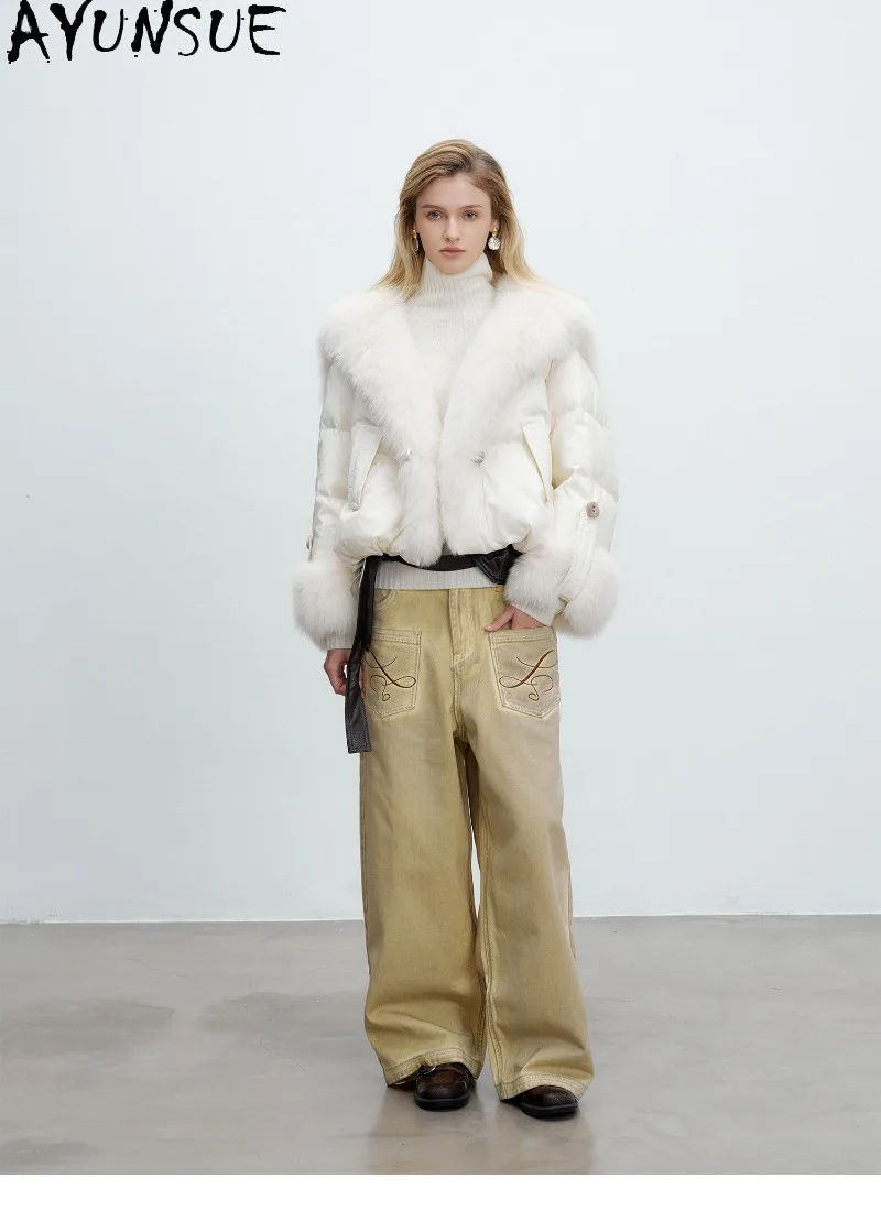AYUNSUE Womens 90% White Goose Down Coat Genuine Fox Fur Collar Clothes Female Warm Winter Clothing Short Length Fashion 2026