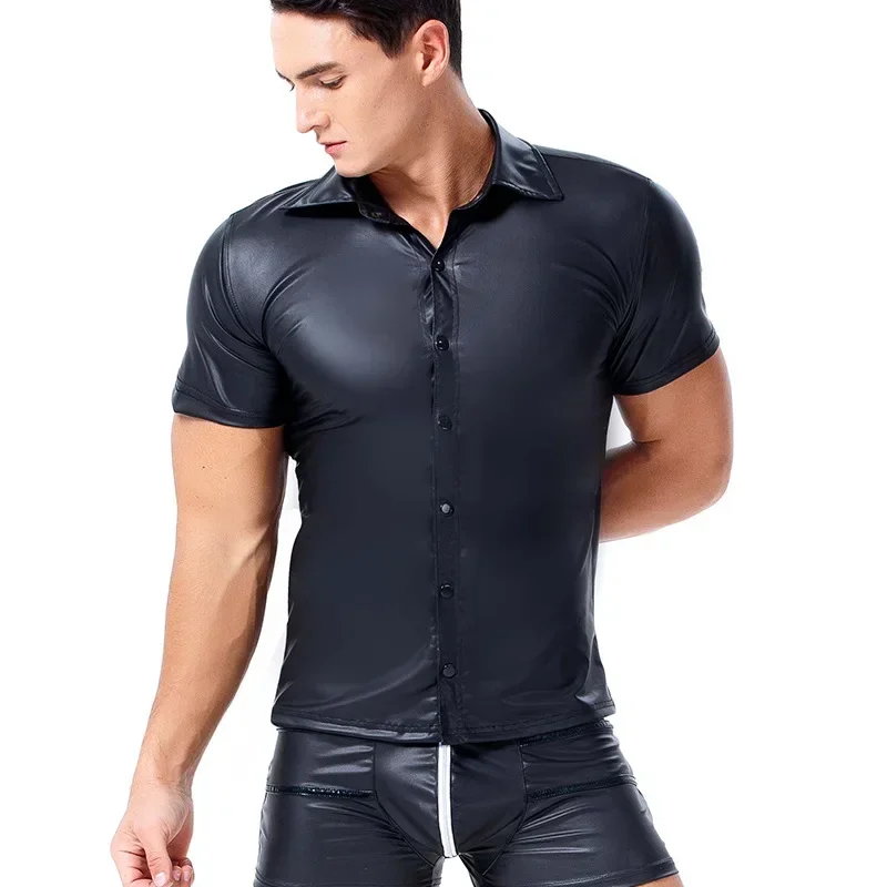 

Size S-XXXL Sexy Black Faux Leather Shirt Wet Look Stretch Undershirt Latex Novelty Short Sleeve Uniform Clubwear Stage Costume