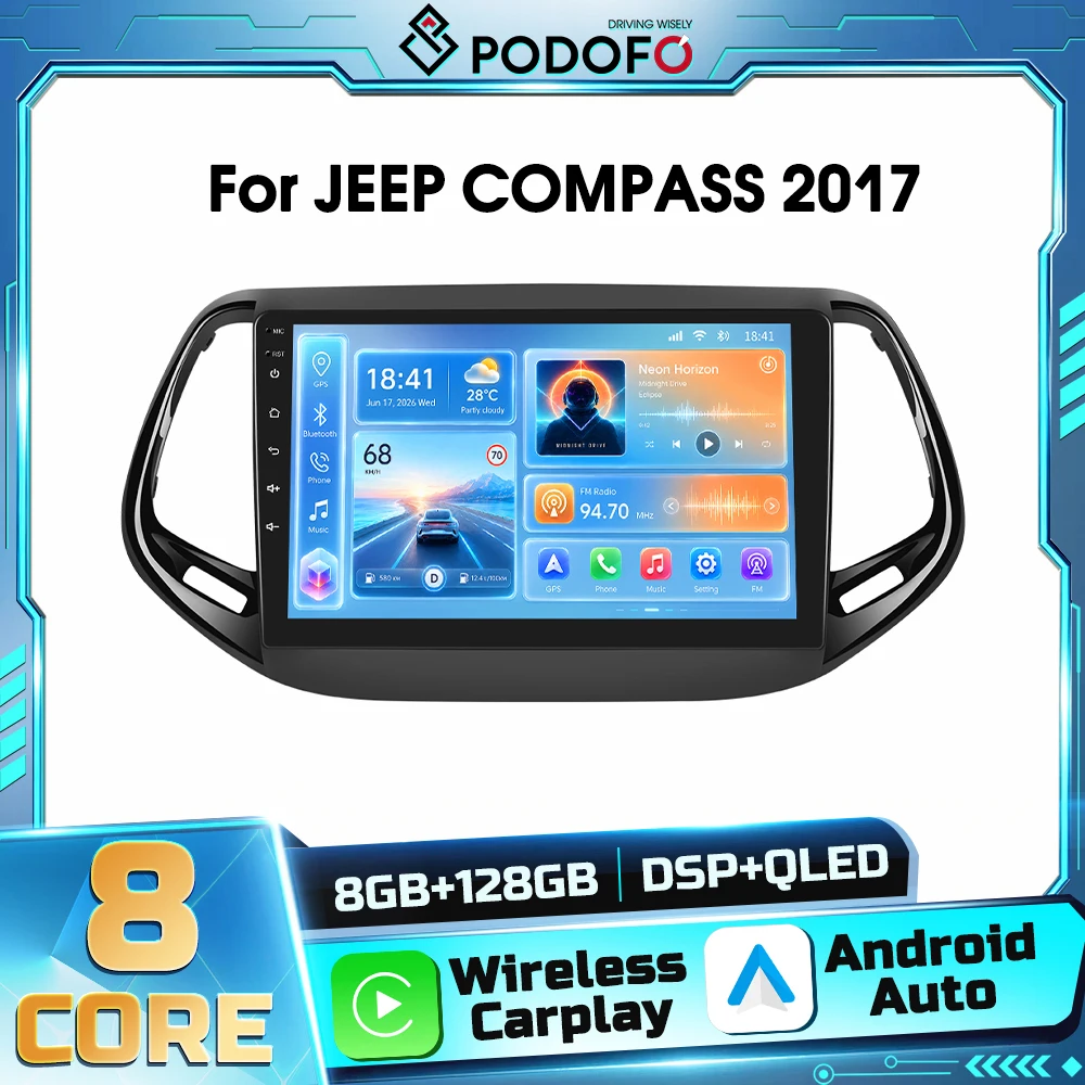 Autoradio Android 2din Podofo 8core 8+128G per JEEP COMPASS 2017 con Carplay Wireless, Autoradio, Navigazione GPS, Android Auto, WIFI, DSP, Ricevitore FM RDS, Bluetooth