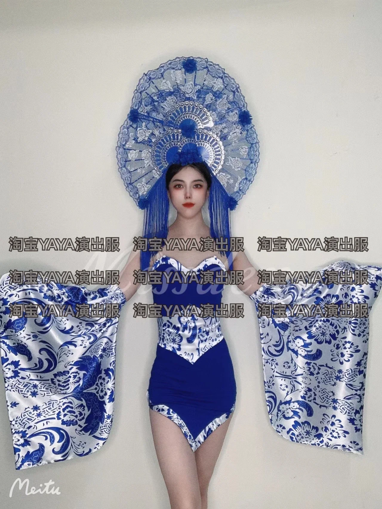 Chinese Style Gogo Costume Women's Blue and White Porcelain Decoration Nightclub Guochao Party Ds Theme Show 3-piece Set