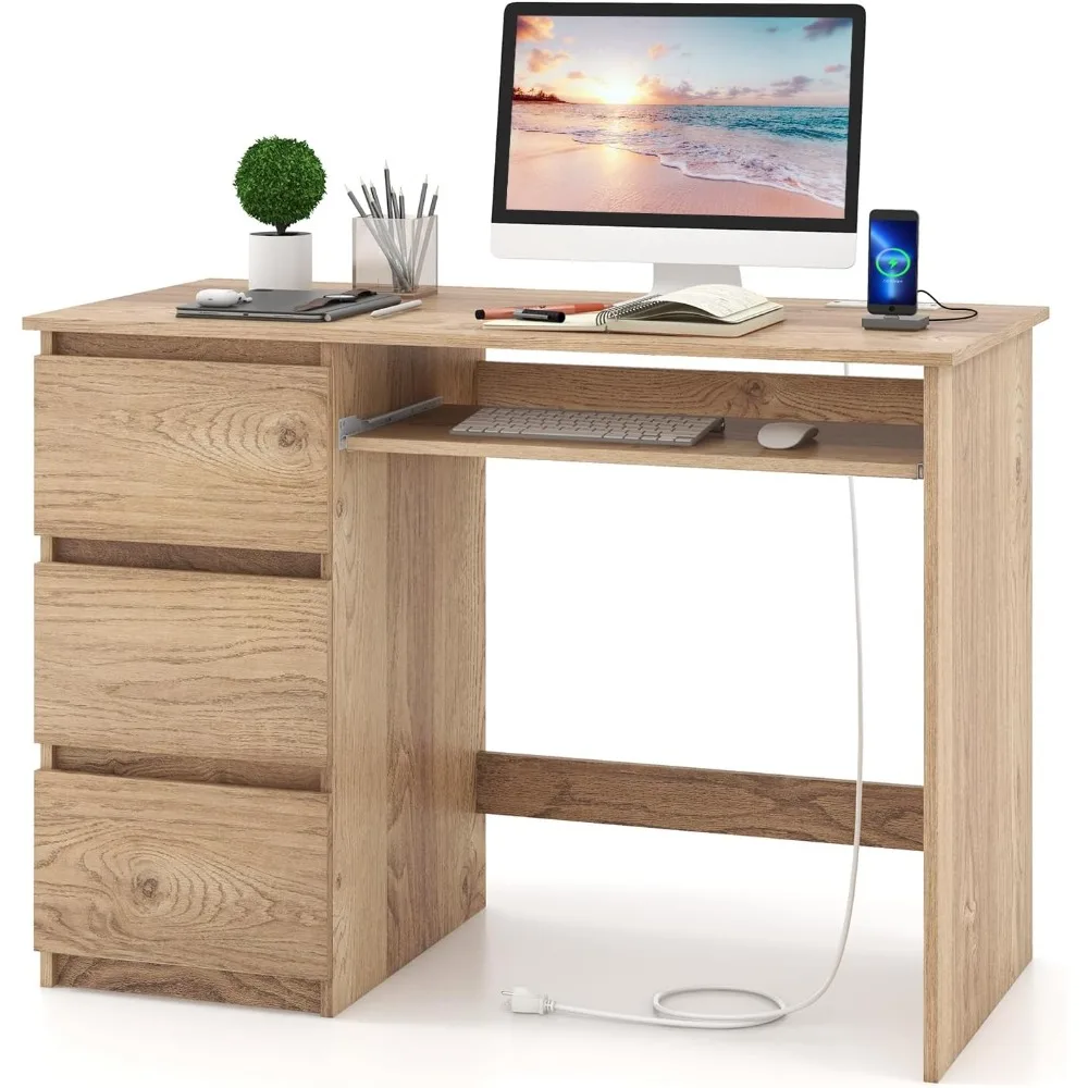 

Computer Desk with 3 Storage Drawers & Built-in Charging Station, Home Office Desk with Keyboard Tray, PC Desk Study Writing