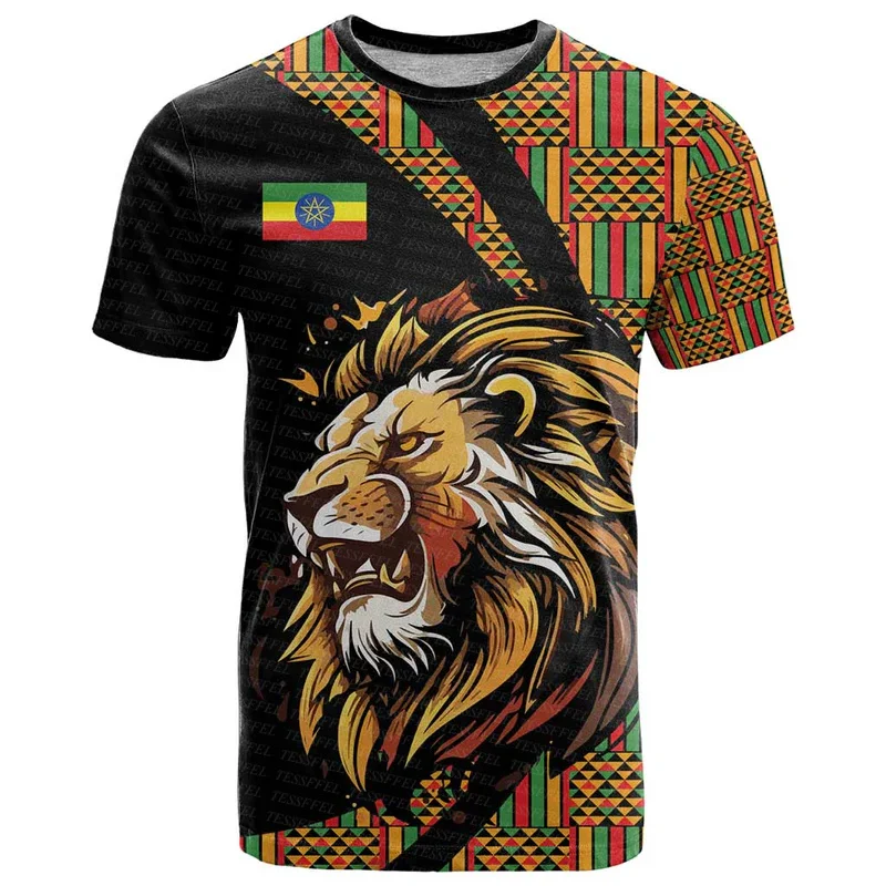 

Custom Name Ethiopia County Flag Lion Reggae Africa Native Tribe Tattoo 3DPrint Summer Casual Pullover Short Sleeves T-Shirts A1