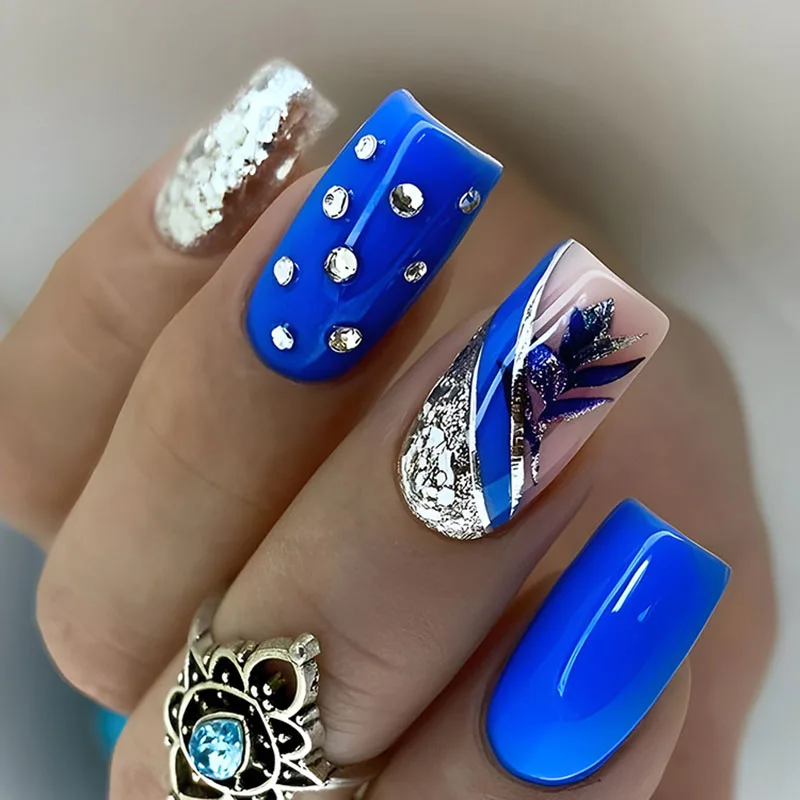 

24Pcs Long Square Press on Nails - Solid Blue with Rhinestone Glitter, Blue Roses and Blue-Silver Color Block Diagonal Stripes