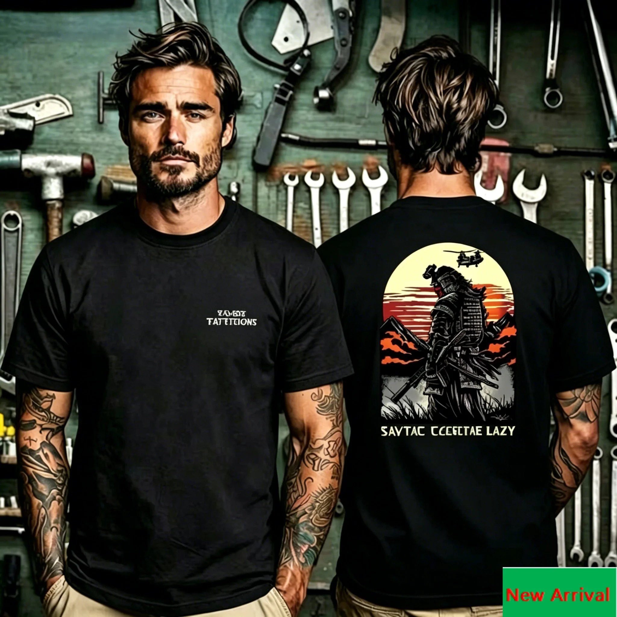 Vintage Sunset Samurai and Military Helicopter Double Side Printed T Shirt, SAVTAC Fusion Tactical Graphic Unisex T Shirt
