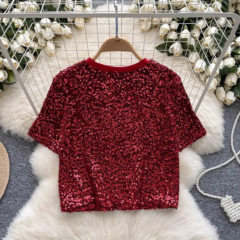 Vintage Glitter Sequin Short Sleeve O Neck Short T-shirt Slim Elegant Fashion Office Lady Crop Top Sexy Spring Autumn Women Top