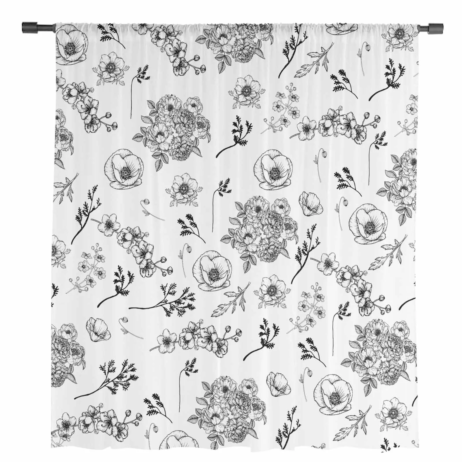 Sketch Flowers Leaves Retro Tulle Curtains for Living Room Bedroom Modern Chiffon Sheer Voile Kitchen Window Curtain