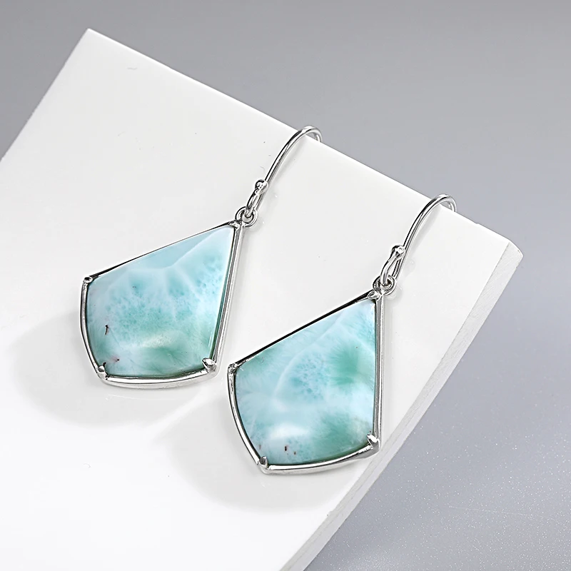 New Fashion Geometry Streamlined Long 925 Sterling Silver Jewelry Girl Natural Precious Larimar Earrings Women