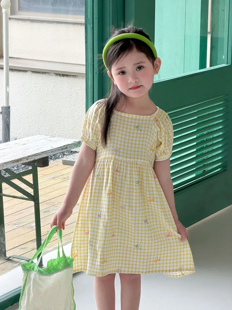 

Summer Kids Dress 1-8T Grid Bow Children Clothes Sweet Floral Girls Casual Dress Thin Breathable Girls Dress