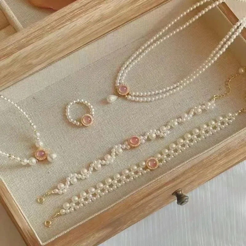 Charm Pearl Jewelry Sets for Women Fashion Temperament Pink Blossom Powder Zircon Pendant Necklace Ring Earrings Wedding Gifts