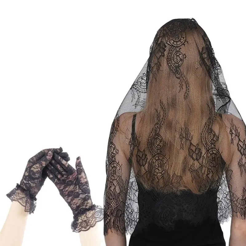 270D Women Floral Lace Glove Bridal Wedding Veil Hair Accessories for Wedding Cosplay