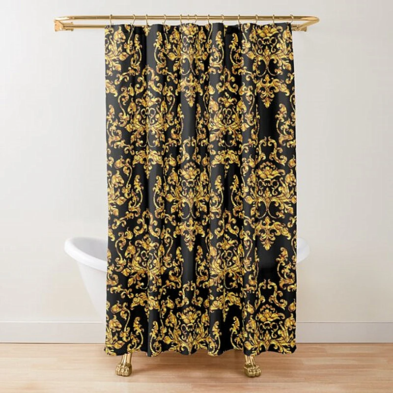 Golden Baroque Symmetrical Shower Curtain,golden Lion and Damask Ornament Luxury Design Gold Lace Bathroom Shower Curtains Set