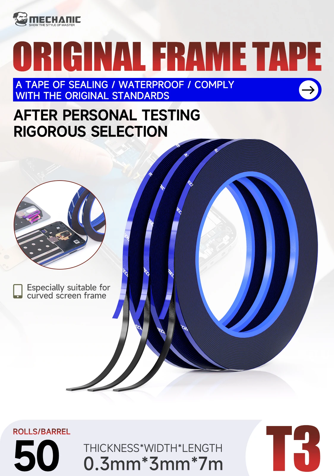 MECHANIC T3 3mm Double Sided Adhesive Tape For CellPhone Tablet LCD Screen Back Cover High Temperature Resistance Sealing Tape