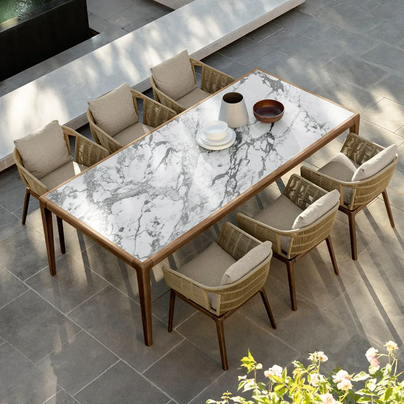 Outdoor teak table and chair rattan combination rattan chair villa hotel courtyard long dining table sun room model room rock sl