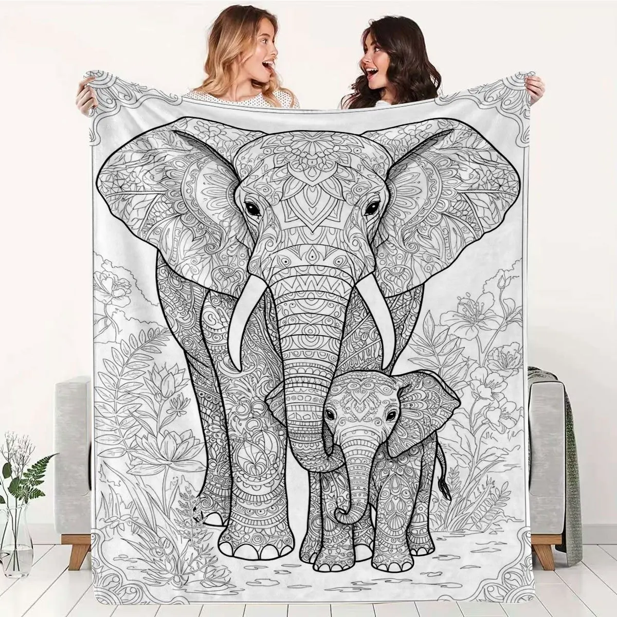 1pc, Mandala Style Indian Elephant Parent-Child Pattern Flannel Blanket, Black and White Line Art Print Warm Throw Blanket, Adul