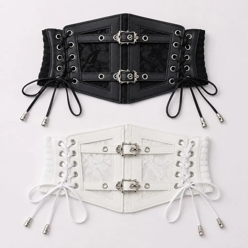 Wide Floral Lace Corset Waist Belt Women Elastic Back and Front Tie Black or White Dresses Jeans Trousers Costume women belt