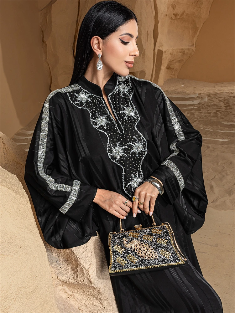 

Ramadan Eid Black Muslim Satin Batwing Abaya Dubai Luxury Arabic African Dresses For Women Caftan Marocain Robe Femme Musulmane