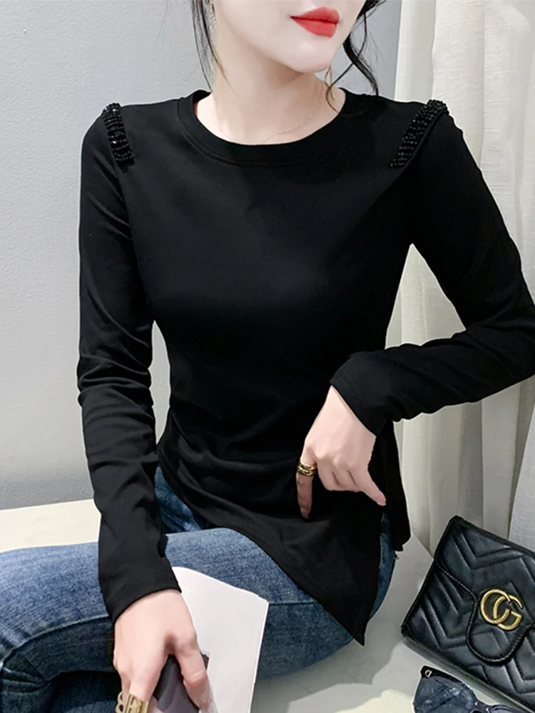 Langes Sve-T-Shirt für Damen, seitlicher Schlitz, schwere Stickerei, Basis, Irt, schlankmachend, vielseitig, erschwinglich, Frühling und Herbst, Baumwollmischung