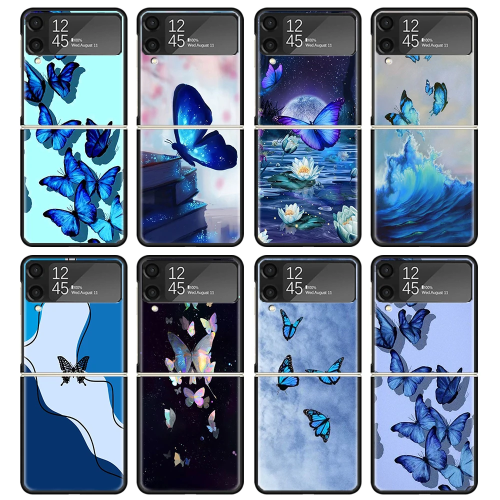 Blue Butterfly Beautiful Wing Case For Samsung Galaxy Z Flip 4 5 3 z Flip5 Flip4 5G Hard Phone Cover Flip3 Split Folding Black P