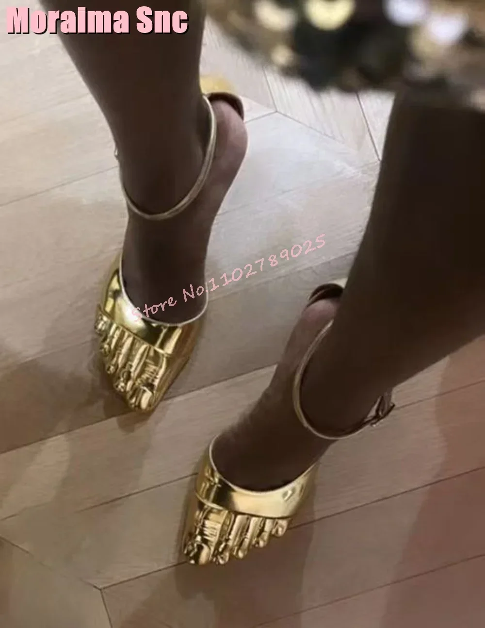 2025 Unique Gold Thumb Sandals Stiletto High Heel Ankle Buckle Strap Mixed Colors Sexy Fashion Half Slippers Women Shoes Summer