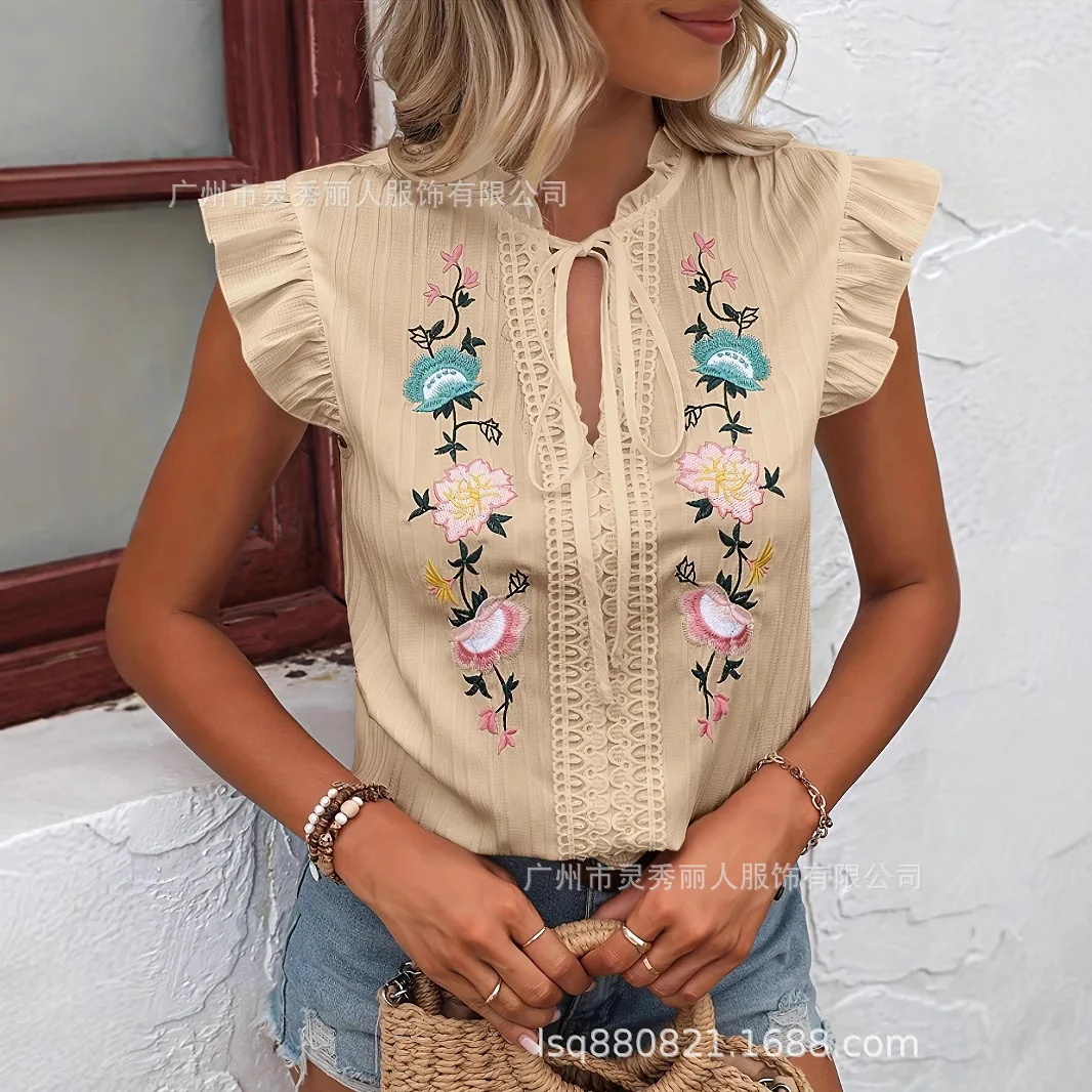 Elegantes, süßes, kurzärmeliges, besticktes Hemd für Damen, Sommer, 2022, modisch, locker, rüschen, weiß, mit Schnürung, Tops, Bluse