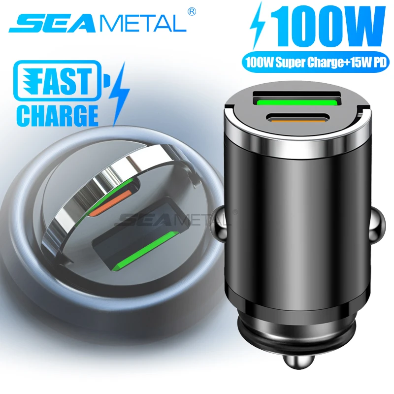 SEAMETAL 100 W Autoladegerät, verstecktes Dual-USB-Ladegerät aus Legierung, PD30W QC3.0, ultraschnelles Laden, Telefonladegerät für iPhone/iPad/Android