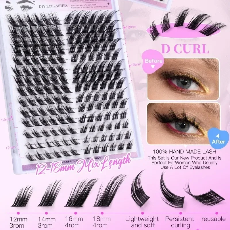 DIY Cluster Eyelash Extensions Kit com Bond e Seal Glue Set, cílios individuais, D Curl, Ferramentas de maquiagem para profissionais, 168pcs