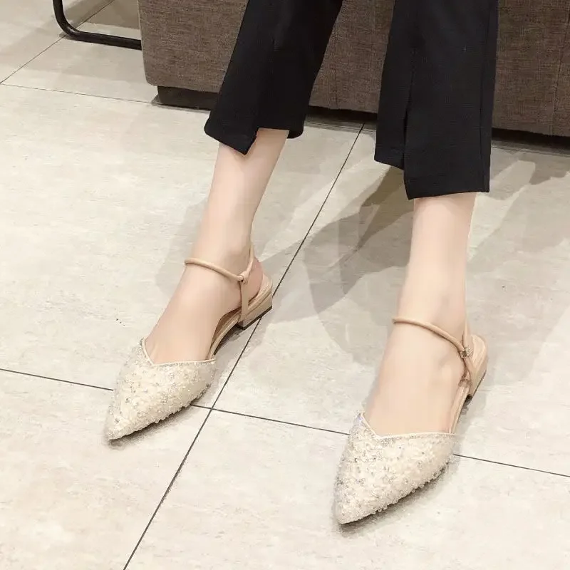 Pointed Toe Summer 2024 Footwear with Low Heels One Word Sandals for Woman Women's Shoes Buckles Rhinestones Daily Korea Sale H