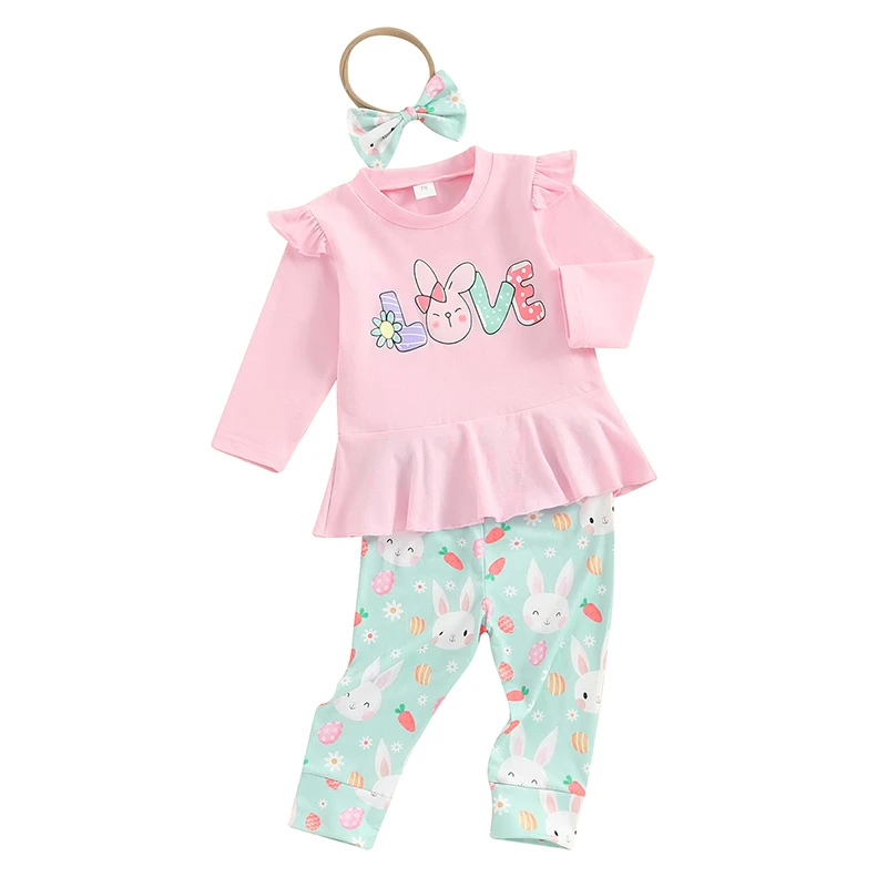 

Toddler Baby Girl Easter Outfit Letter Print Long Sleeve Ruffled T-Shirt with Bunny Pants and Headband Clothes Sets