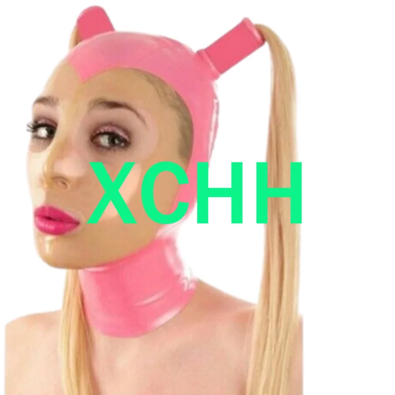 

Natural Latex Sexy Women Full Head Latex Rubber Mask Hoods with Wigs Fetish Cosplay Mask Back Zipper Club Wear