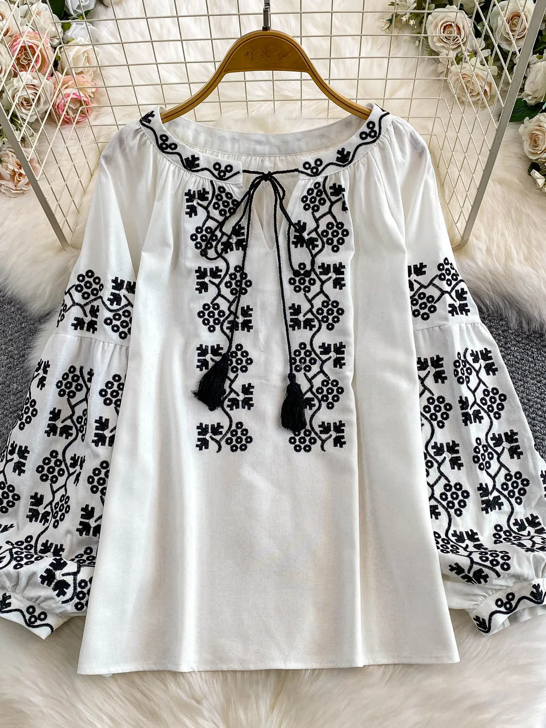 레트로 아티스틱 슬레 자수 벨티드 라운드 네 랜턴 스웨트셔츠 여성용 루즈핏 살보정 슬리밍 탑