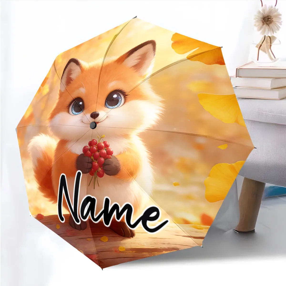 Custom Name Cute Fox Art Printed Umbrella for Kids Print 8 Iron Ribs Folding Umbrella Auto-Open Fashion Sunshade