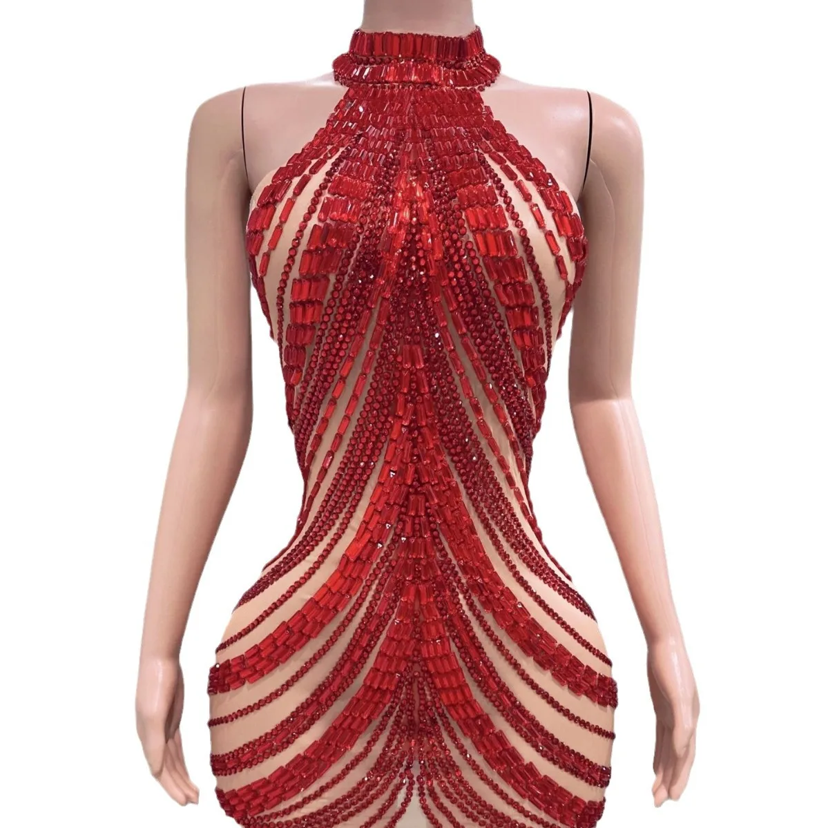 สีแดง Rhinestone เซ็กซี่ตาข่าย Off-the-ไหล่ชุดไนท์คลับวันเกิด Party แน่นอาหารค่ําชุดผู้หญิง Elegant Party ชุดลูกปัด