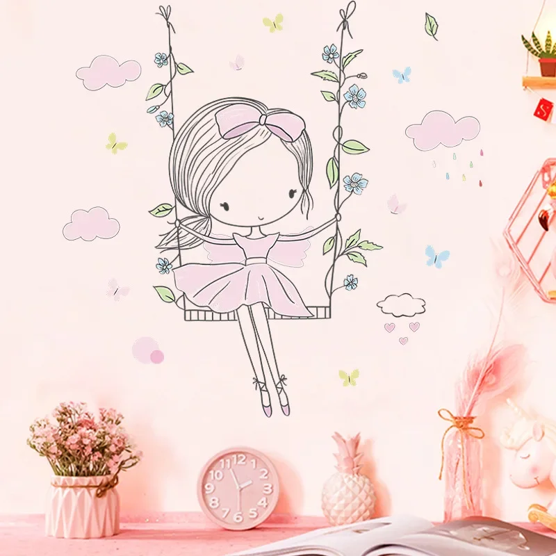 Cute Girl on The Swing Wall Stickers for Girls Bedroom Living Room Wall Decor Vinyl Home Decor Art Mural Sticker Anime Bathroom