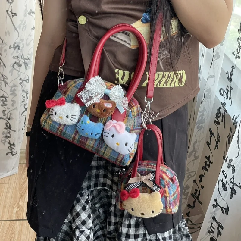 Original design two-piece retro plaid handbag cute Hello Kitty plush toy shoulder crossbody bag birthday gifts