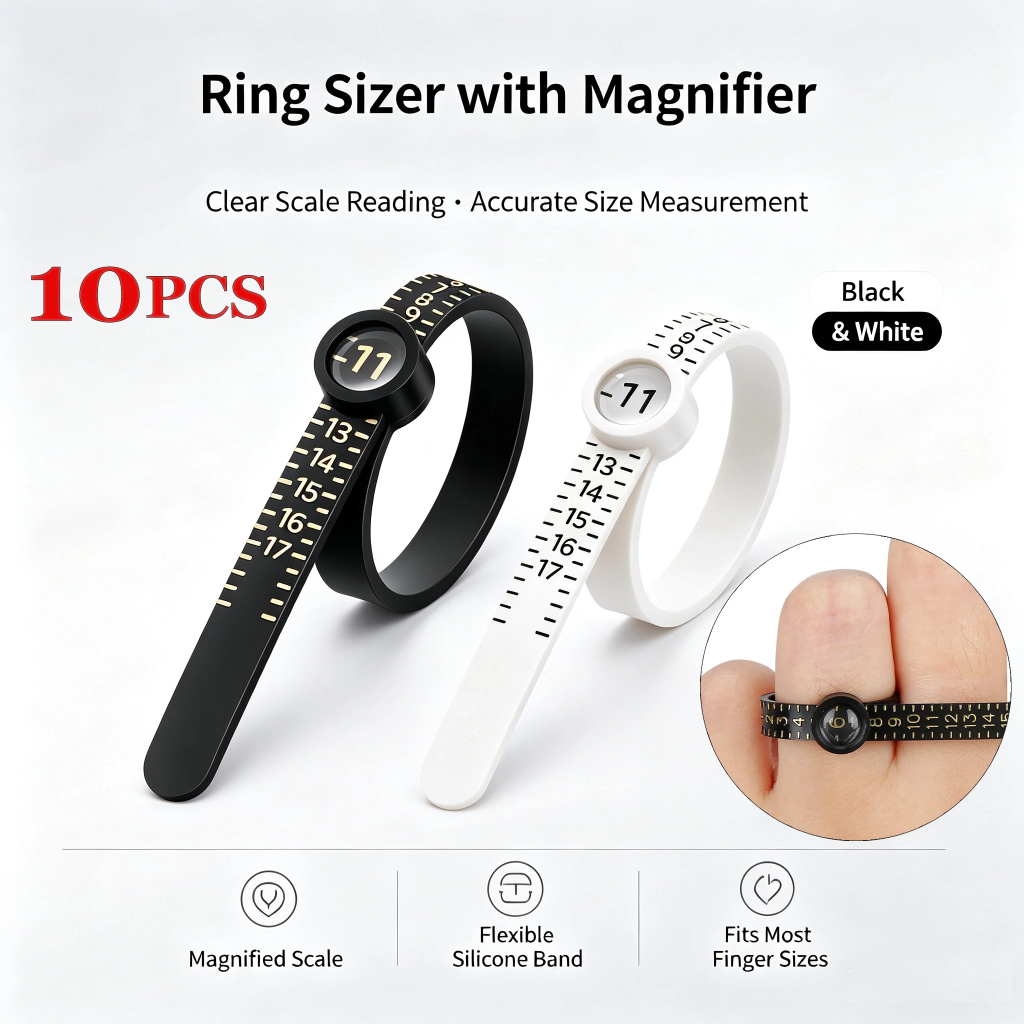 Adjustable Ring Sizer with Magnifier US/UK/EU Size Chart Reusable Finger Measuring Tool Finger Jewelry Ring Measuring Ruler