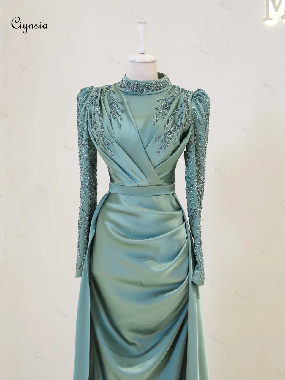 Ciynsia Abendkleider Islamic Muslim Evening Dresses Woman Elegant Mermaid Beaded Satin Long Sleeve Formal Dress Vestidos De Gala